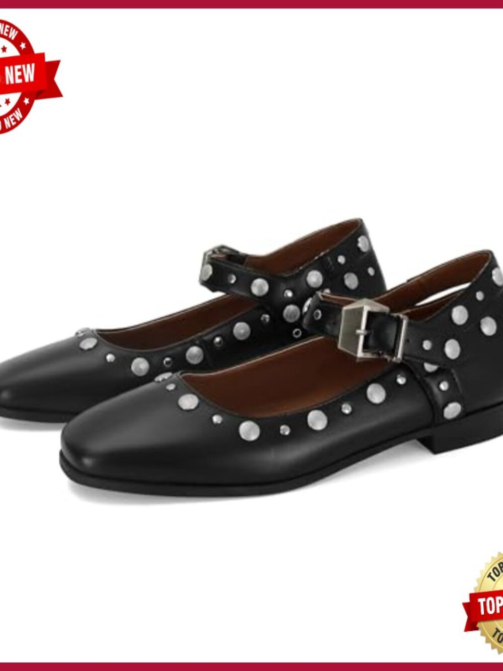 Studded Mary Jane Ballet Flats with Buckle Strap, Square Toe, Faux Leather - Picture 5 of 7